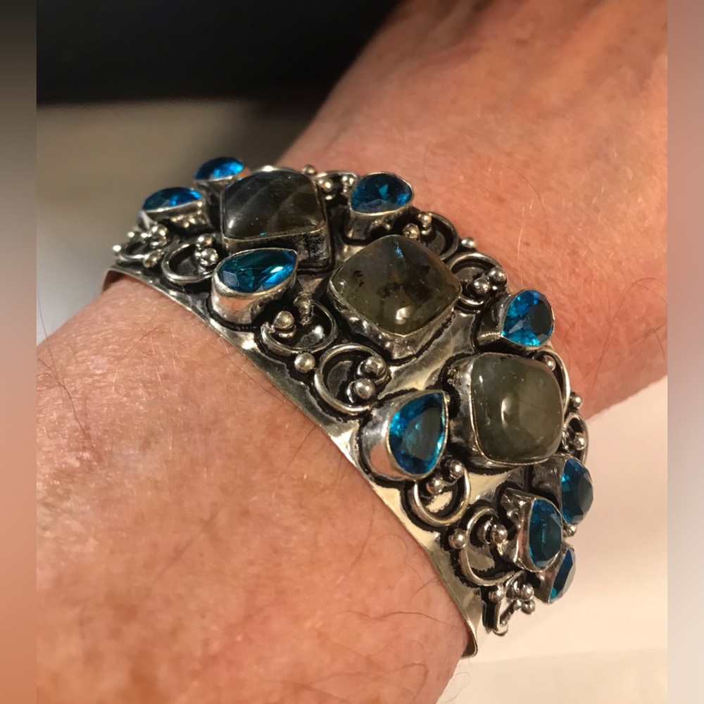 Labradorite Blue Topaz Stamped 925 Sterling Silver Cuff Bracelet